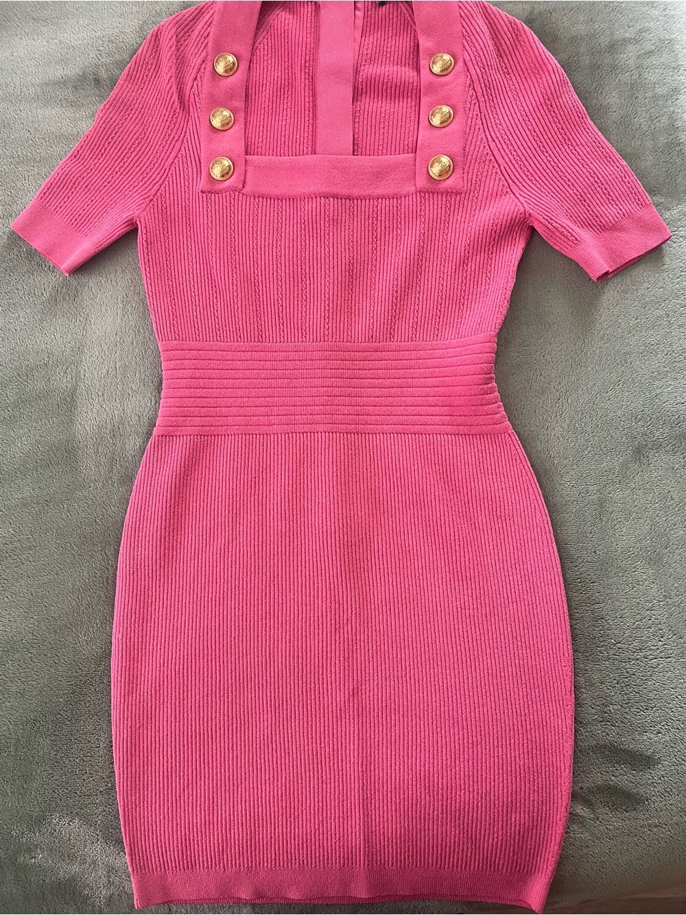 Balmain Hot Pink Ribbed Knit Mini Dress with Gold Buttons